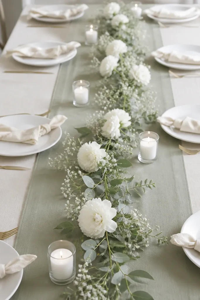 A sage runner with a stitched-looking floral strip made of white flowers and sage greenery down the center. Candles are minimal - a few white votives in clear holders. Each place has a white plate, cream napkin, and gold fork.