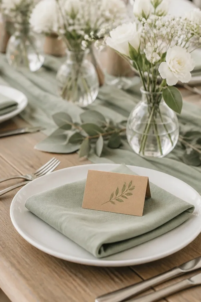 A table with sage napkins and white plates. Place cards are kraft brown with sage green ink lettering. There are small clear vases with white flowers near the center and simple greenery accents.