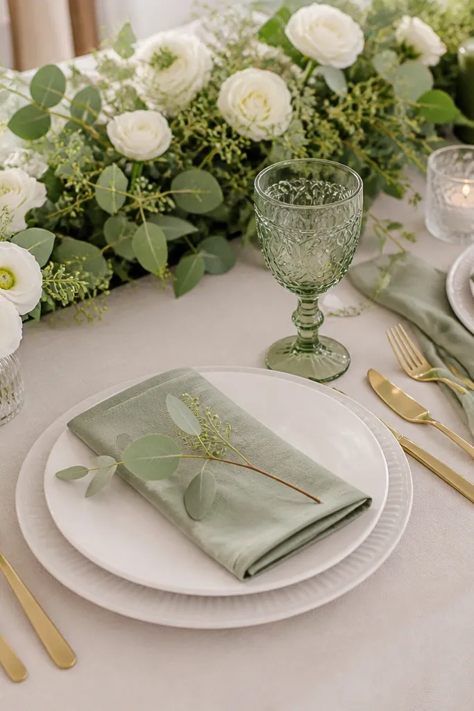 Budget Sage Green Wedding Table Setting Ideas