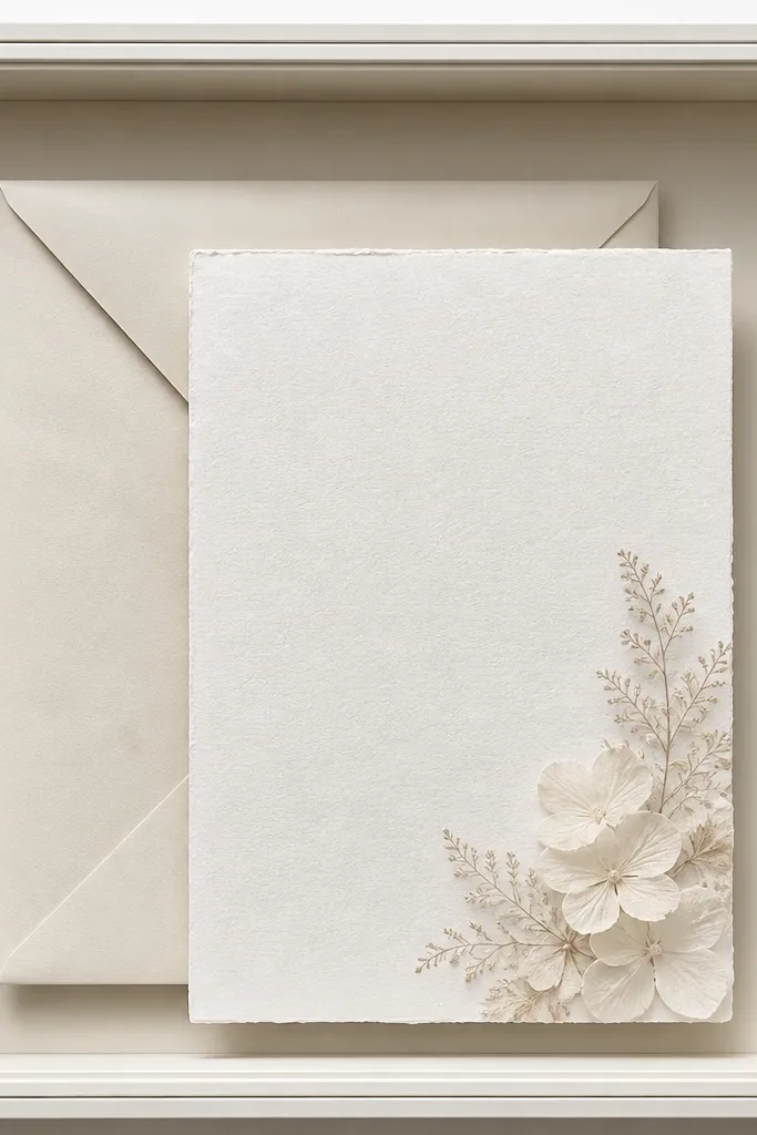 A deep shadow box with a cream envelope liner as the background. The invitation sits in front with a slight offset, and the envelope is tucked behind it. Soft shadows show depth; the colors match a neutral wedding.