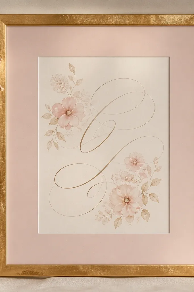 A gold leaf frame with slight uneven texture. A blush pink mat surrounds a script invitation. The invitation is mounted flat and centered, with a warm glow from the gold frame edges.