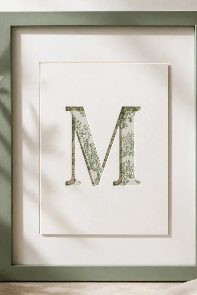 A sage green frame with a mat board that has a cutout window shaped like a monogram letter behind the invitation. The card is centered, and only the monogram area shows through to a patterned backing.