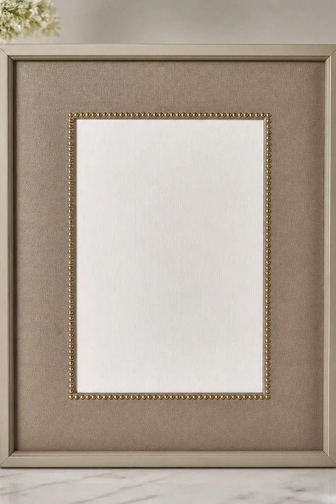 A light frame wrapped in taupe faux leather. A single line of small gold tack dots outlines the invitation area. The invitation is centered and mounted cleanly against the leather backing.