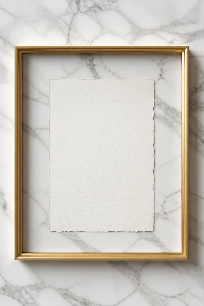 A gold frame with a marble-pattern contact paper backing in soft white and grey. The invitation is centered with lots of negative space. The marble pattern is crisp and looks like a high-end countertop.