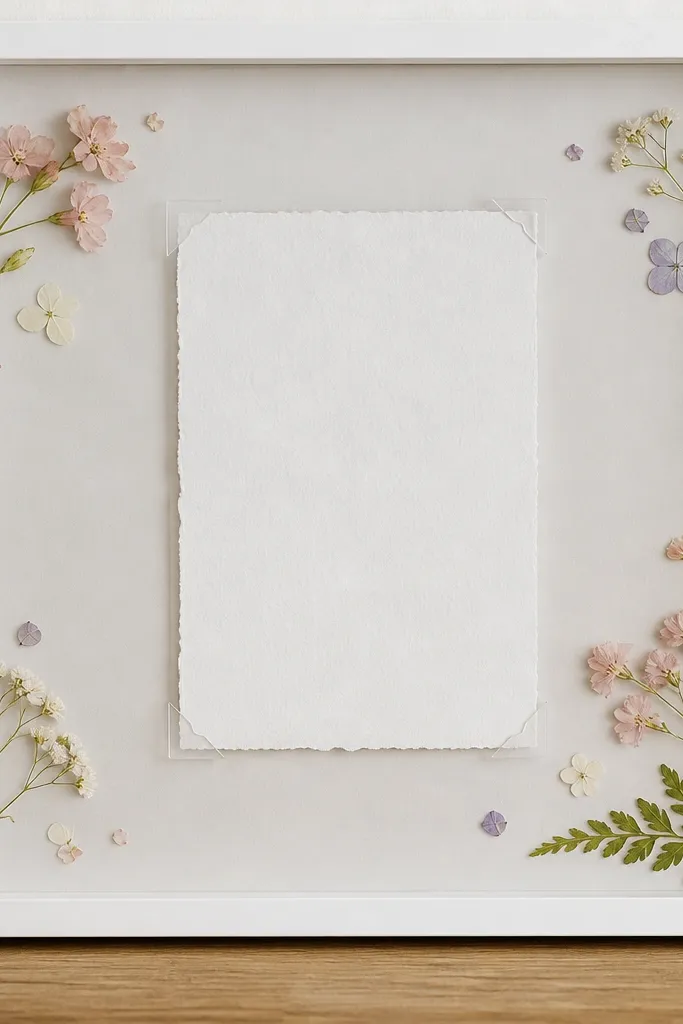 A white frame with a pale grey mat. Small pressed flowers scatter lightly around the corners of the invitation. The invitation is held by clear corner mounts so it looks like it floats.