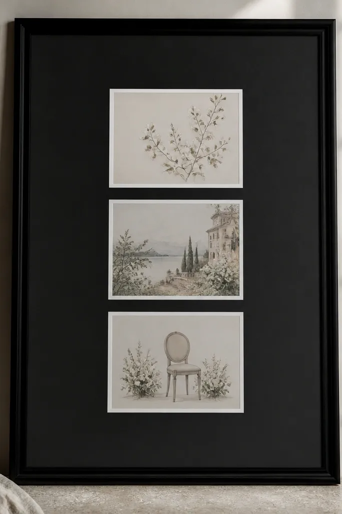 A large black frame with three small cards arranged in a vertical column. The top card is the invite, the middle is the save date, and the bottom is a seating card. Each card has a thin white mat border.
