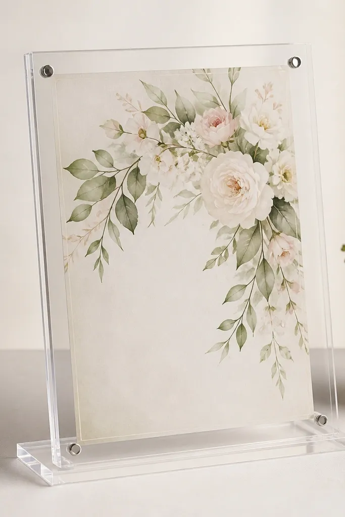 A clear acrylic stand frame with the invitation visible through a thin transparent film layer. The background is a soft gradient paper in ivory to light grey. The invitation looks crisp and slightly glossy under light.