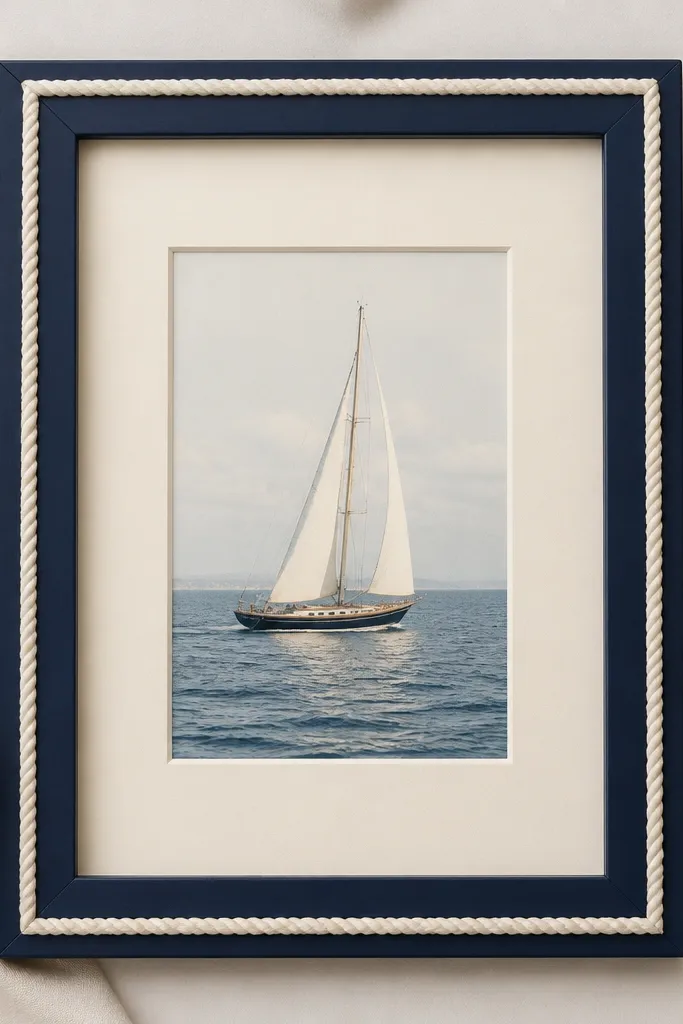 A navy blue frame with a white cotton rope border around the invitation window. The mat is cream. The invitation is centered and the rope creates a nautical, structured edge.