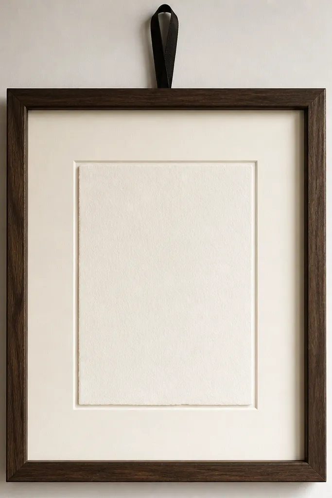 A smoked wood frame with a warm cream mat. A single black ribbon loop sits at the top center above the invitation. The invitation is centered and clean, with no other embellishments.