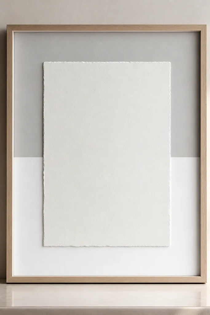 A frame with a two-tone mat: top half light grey, bottom half white. The invitation is slightly offset upward and to the left. The border lines are crisp and create a modern editorial look.
