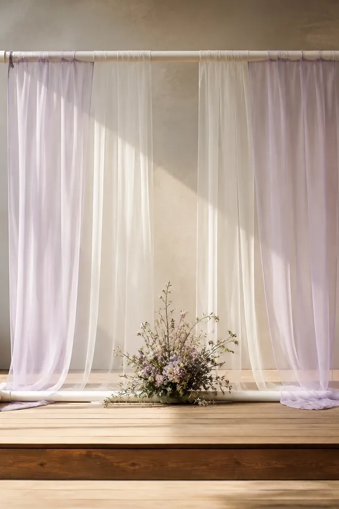 A stage with a rectangular window-like frame made from white PVC pipes; sheer organza panels hang inside the frame in pale lavender and white, with a small bouquet centered at the bottom.
