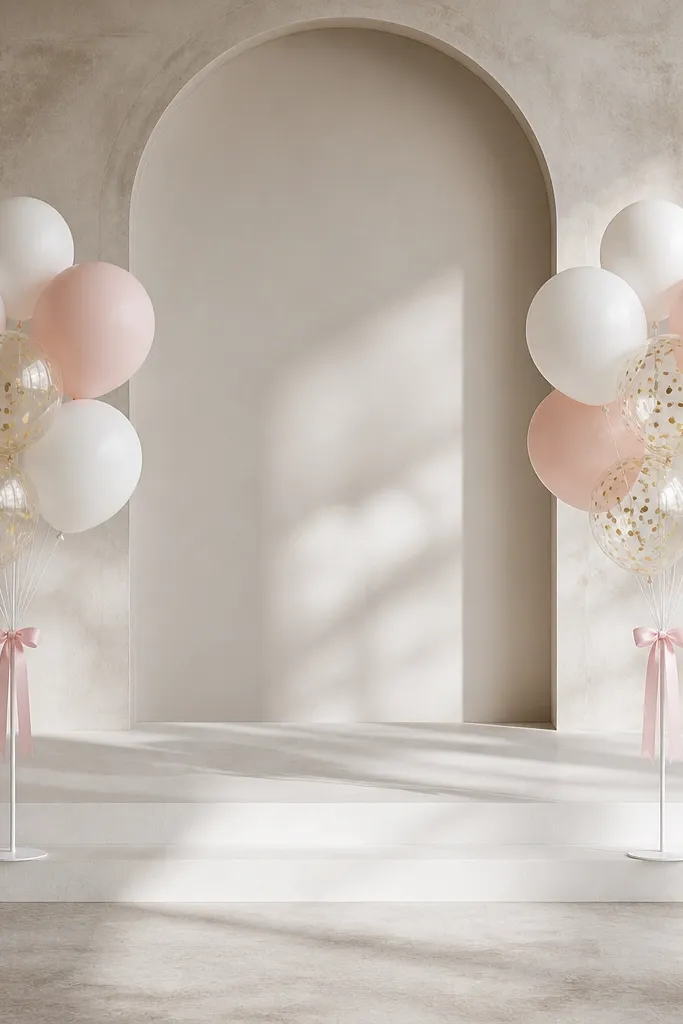 Two balloon clusters placed left and right of center at stage height; balloons are matte white, blush, and one small cluster of transparent balloons with gold confetti, tied with ribbon to a stand.