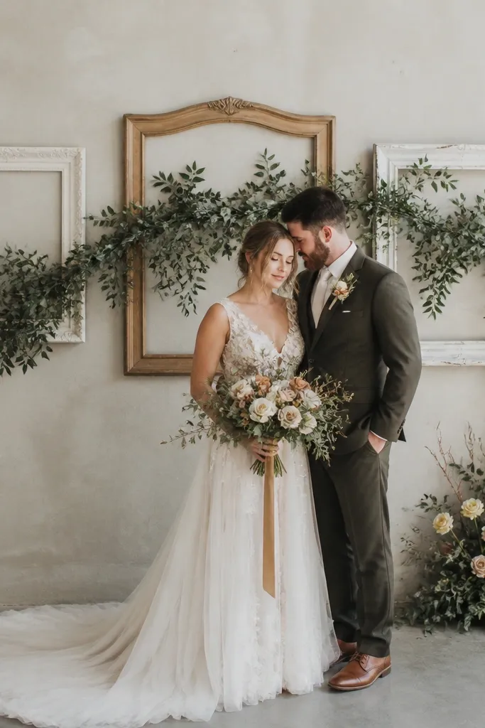 Three mismatched thrifted frames in white and natural wood tones lined up behind the couple; faux greenery garlands weave across the frames and drape down to a small floral arrangement.