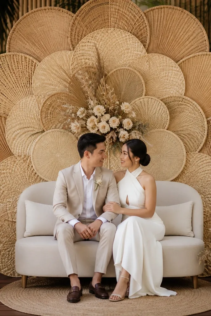 A stage backdrop made from overlapping rattan fans in natural tan; several woven placemats are mounted in a fan-like pattern behind the couple, with a small arrangement at center.