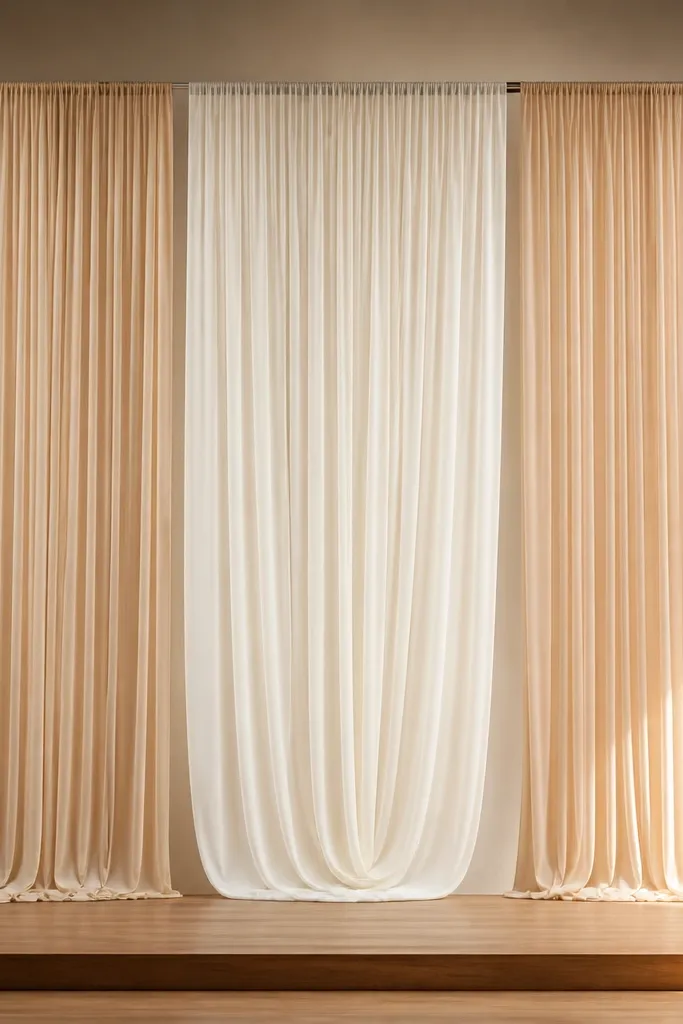 A stage with three pleated chiffon panels hanging from a top bar; the panels are in champagne and soft white with visible pleats, and the center panel has a slightly deeper drape.