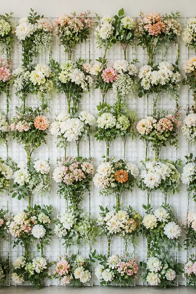 A faux floral wall made from a white mesh panel covered with a grid of faux stems; leaves and blossoms are clustered in small blocks with a clean white outline.