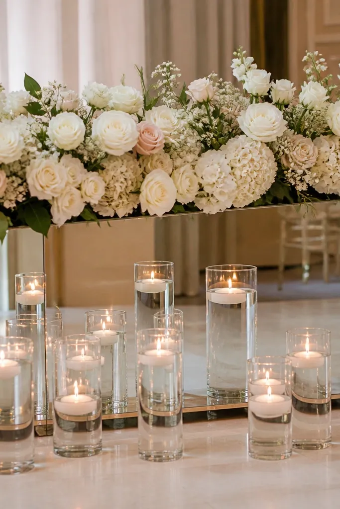 A reflective mirror panel on the stage with a low floral strip on top; floating candles in clear glass sit in front, reflecting on the mirror surface.