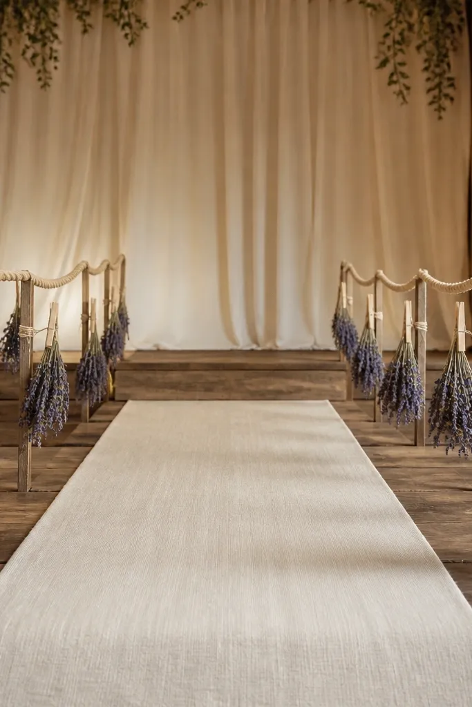 A stage with two side lines of thick rope draped along the edges; dried lavender bundles hang from small clips, with a simple cream runner in the center.