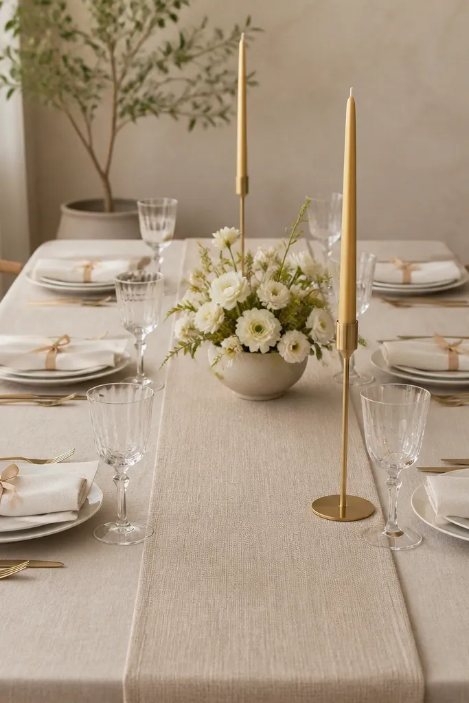 A long rectangular table covered in oat-beige linen. A wide oat runner runs down the center. Two gold taper candles sit in matching slim holders on either side of a low cream floral bowl. Place settings show cream napkins folded into rectangles with a narrow champagne satin ribbon tied around each napkin.