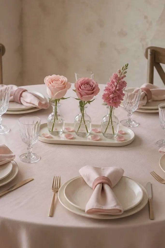 A round table with a pale blush tablecloth. Each place setting has a dusty rose napkin ring holding a blush napkin. The centerpiece is three small bud vases in a row, each filled with a single blush rose or rose-colored stem, set on a cream tray with scattered blush petals.