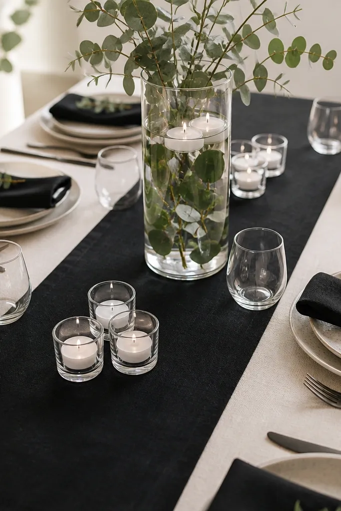 A black linen runner on a light neutral table. Clear glass votives line the runner in small groups. Place settings use black napkins folded with a thin green eucalyptus sprig tucked on top. The centerpiece is a clear cylinder vase with greenery cuttings and small white tea lights.