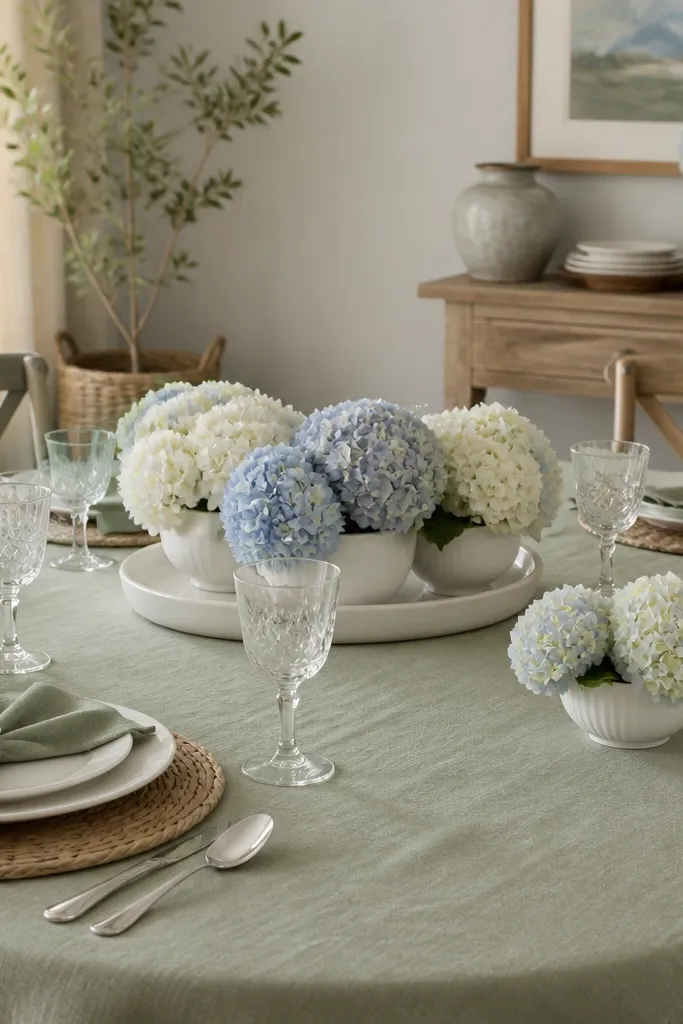Sage green linen covers the table. Small white ceramic bowls hold clusters of pale blue and white hydrangea-like blooms. Place settings include sage napkins folded and tied with white twine. The centerpiece has three ceramic bowls arranged in a triangle on a white tray.