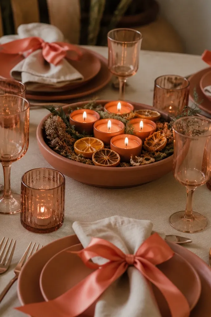A warm neutral table with terracotta plates at each place. Coral satin ribbon is tied around napkins in a neat bow. The centerpiece is a low terracotta dish with orange tea lights and small dried citrus slices. Terracotta-toned glassware surrounds the dish.