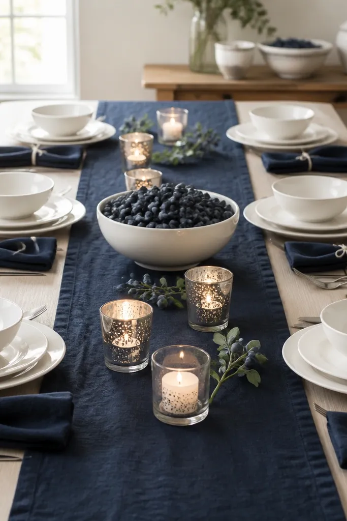 A navy runner down the center of a light table. White porcelain plates and bowls sit at each setting. The centerpiece uses a low white bowl filled with dark blueberries and scattered silver votive candles in glass. Small navy napkins are folded and fastened with white twine.