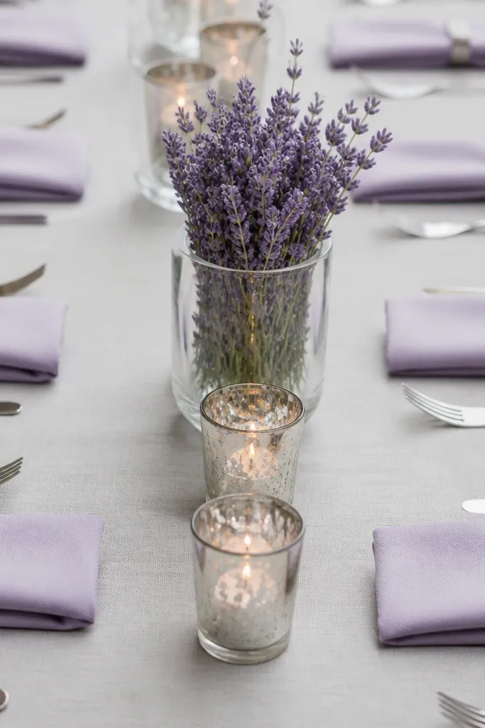 A light gray tablecloth with lavender cotton napkins folded into simple rectangles. Each napkin has a silver clip. The centerpiece uses silver mercury glass votives in a line, with a small lavender bouquet in a clear glass cylinder.