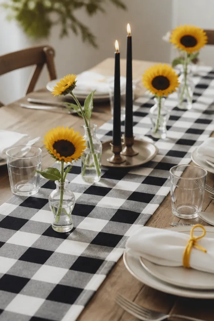 A black and white checkered runner down the table. Small sunflower stems in clear vases sit on the runner. Place settings use white napkins with a yellow twine wrap. A few black taper candles appear on a small tray at the center.