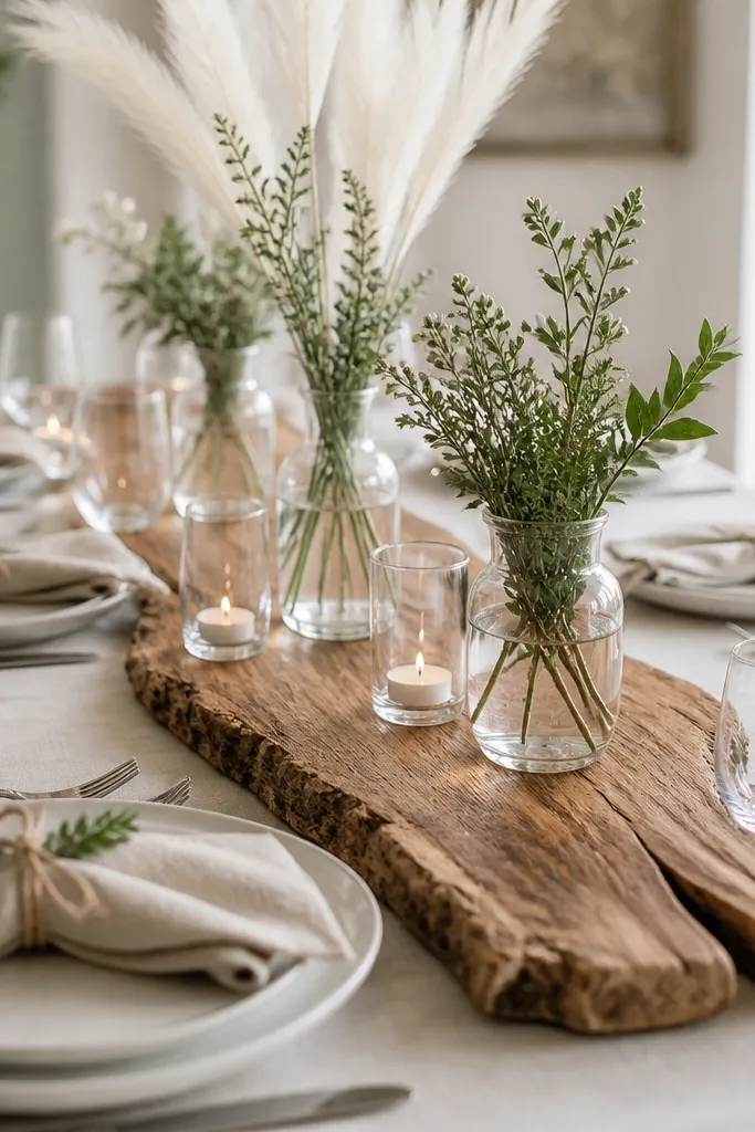 A rustic teak wood slab placed down the center of a light table. Clear glass vessels hold white feather-like stems and small greenery. Place settings have neutral napkins with a simple twine tie. A few clear cylinders with tea lights line the slab edges.