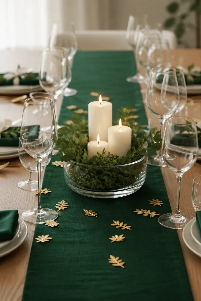 A deep emerald table runner and emerald napkins at each place. Gold foil leaf confetti is scattered around the centerpiece. The centerpiece is a low glass bowl with white candles and greenery sprigs. Each napkin has a small cream ribbon tied around it.