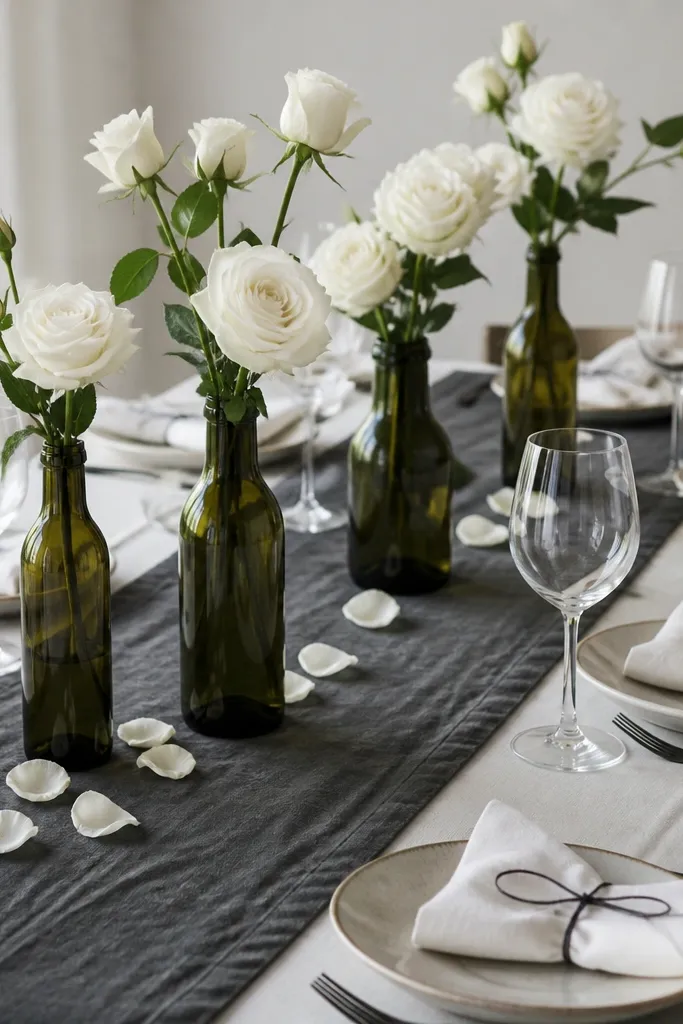 A charcoal gray runner on a light table. Several reused wine bottles filled with white roses line the center. Place settings have white napkins with black twine tied around them. A few scattered rose petals sit near the bottles.