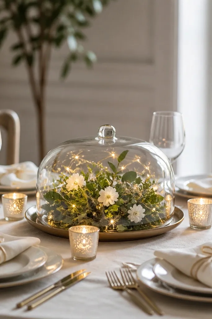 A low glass cloche placed on a tray at the center of the table. Inside the cloche are warm white string lights and a small bunch of greenery with a few white flowers. Place settings include cream napkins tied with a thin gold ribbon and small votive candles outside the cloche.