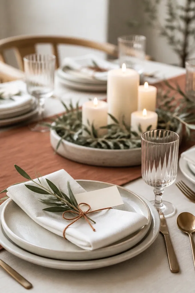 A terracotta runner on a light table. Each place setting has a small olive branch tucked beside a place card. The centerpiece is a low ceramic tray with olive sprigs and white candles. Napkins are white with terracotta twine ties.