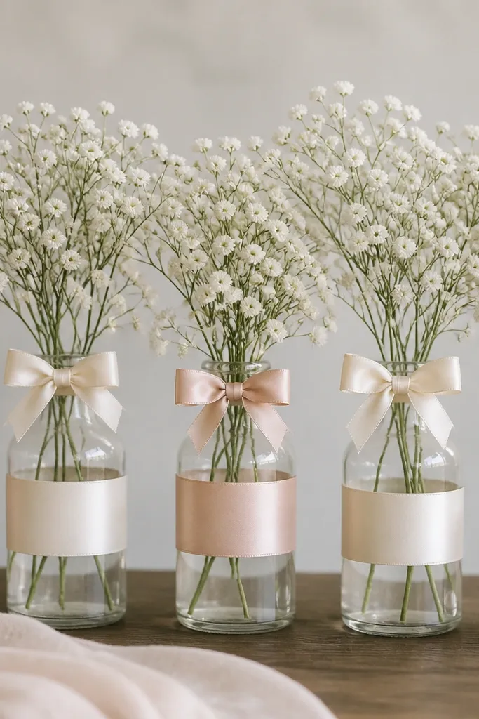 A row of clear glass bottles on a table, each wrapped with 1-inch satin ribbon in dusty blush and cream, tied with a small bow near the neck; tiny sprigs of baby's breath sit inside.