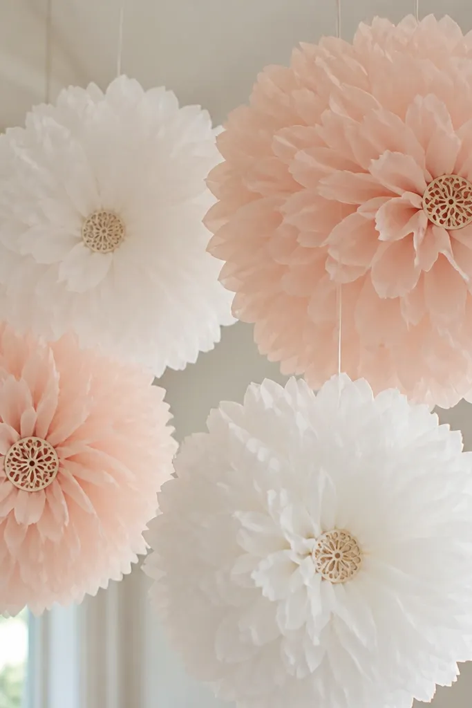 Large tissue paper pom-poms in white and blush hanging from the ceiling, with a small monogram sticker on each cluster's center.