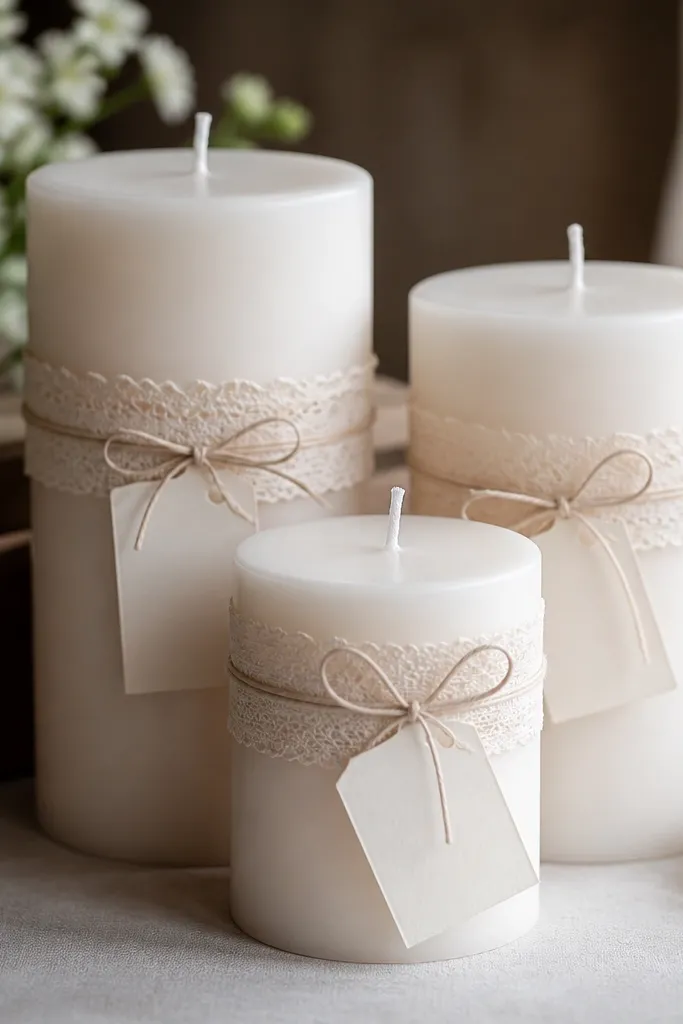 Pillar candles with thin lace bands wrapped around the middle and small label cards tied with ribbon.
