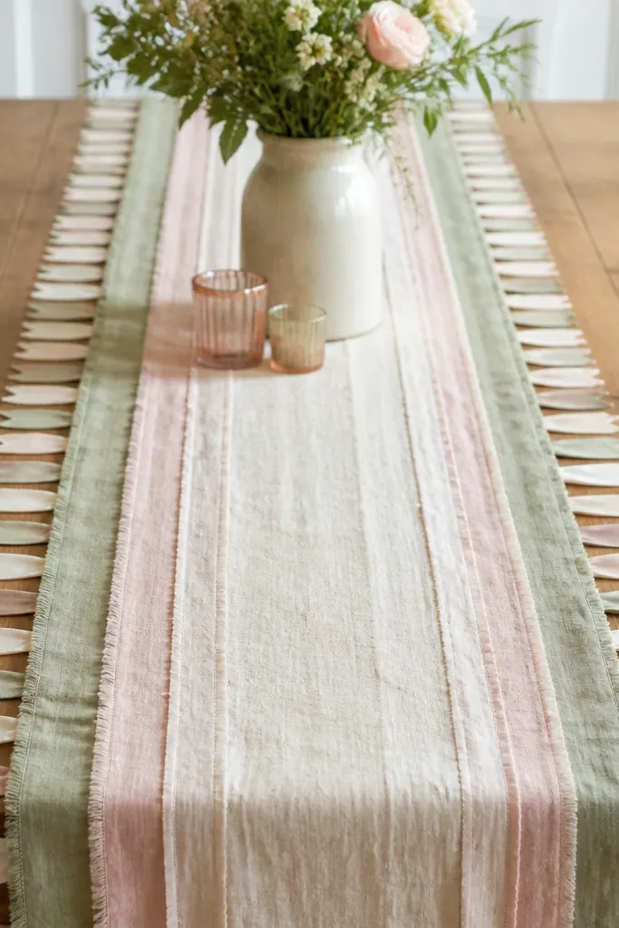 A long table runner made of layered fabric strips in cream, blush, and sage, with small ribbon flags along both edges.