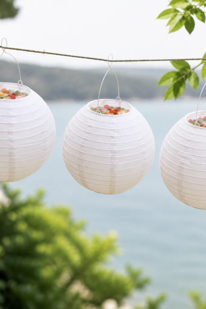 White paper lanterns hanging from a line, each slightly open with a small amount of colored confetti inside visible at the top.