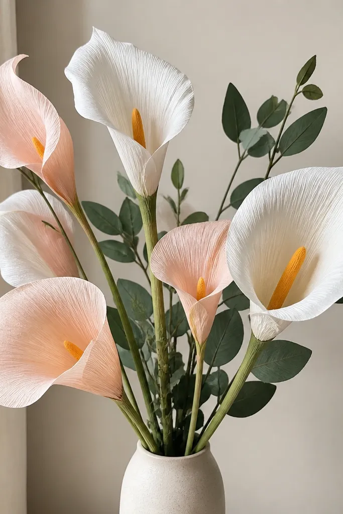 Tall crepe paper calla lilies in white and soft blush on stems, arranged in a vase with greenery cutouts.