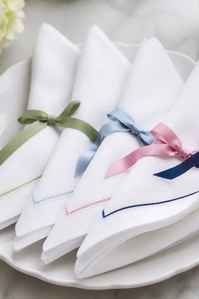 White cocktail napkins tied with ribbon; each napkin has a stamped border in one color near the fold.