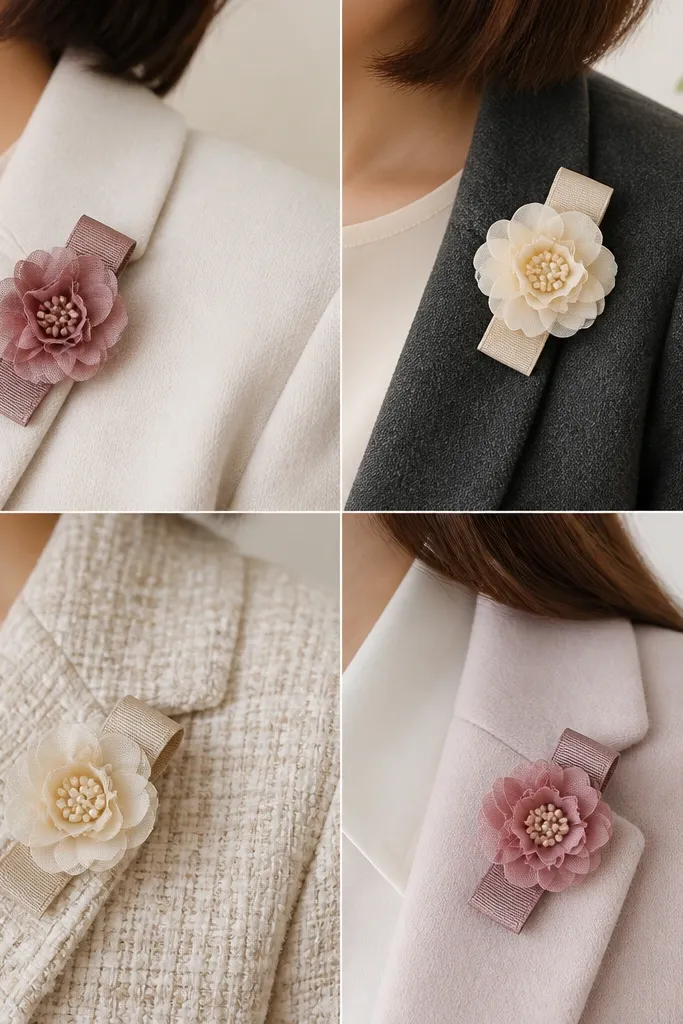 Small fabric corsage-style pins in dusty rose and cream, each pinned to a ribbon backing and shown on a coat lapel.