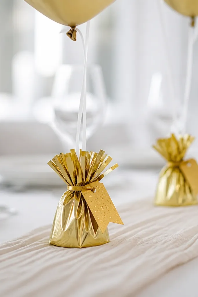Balloon weights on tables with small gold confetti tags tied on, shown next to glassware and a linen runner.
