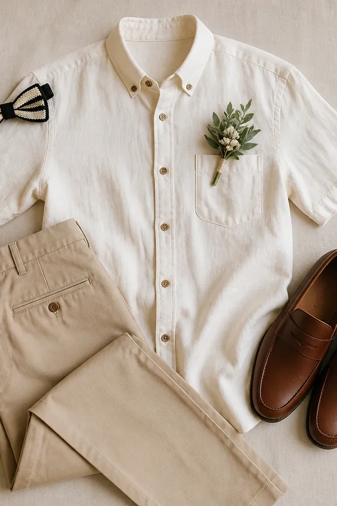 A man's outfit laid flat: an off-white linen short-sleeve button-down with real buttons, light tan chinos, a small black-and-cream bow tie, and a pair of brown leather loafers; a sage boutonniere sits in a breast pocket.