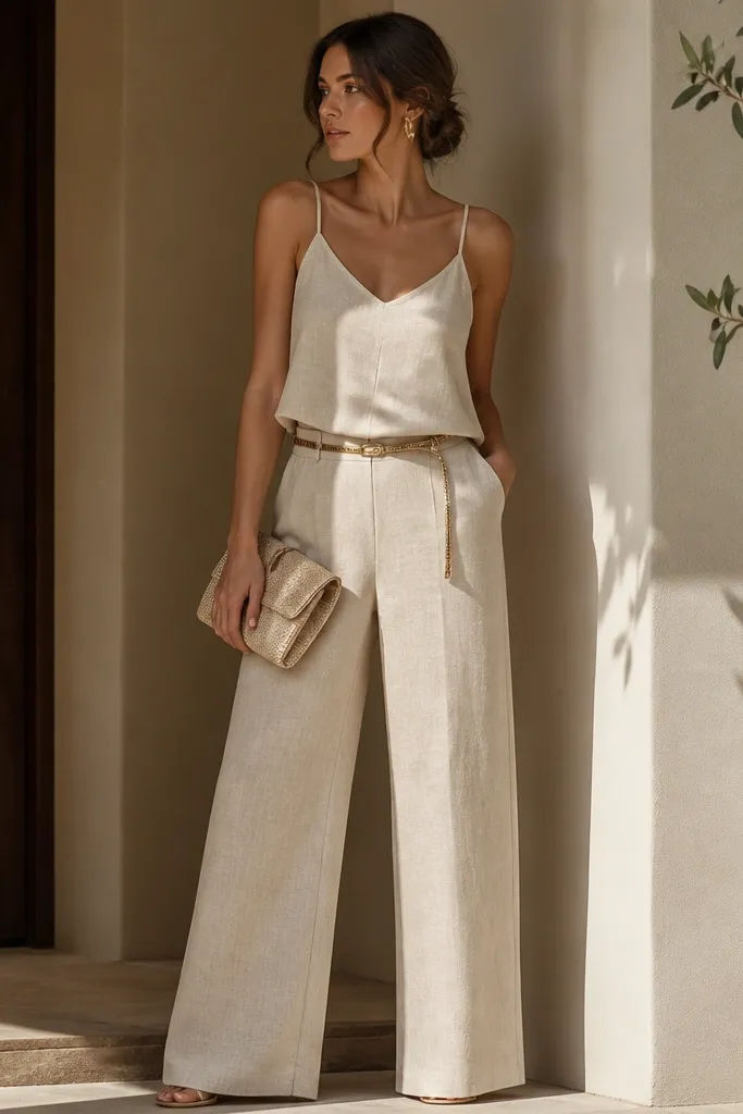 A women's two-piece set: a cream linen camisole-style top and matching wide-leg linen pants in light beige, styled with a thin gold belt and a small clutch.