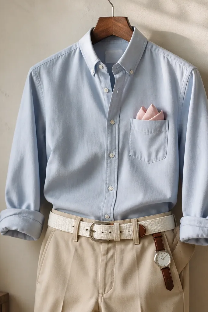 A men's outfit on a hanger: a light dusty blue poplin button-down with rolled sleeves, beige trousers, a white canvas belt, and a simple watch; a pale pink pocket square is visible.
