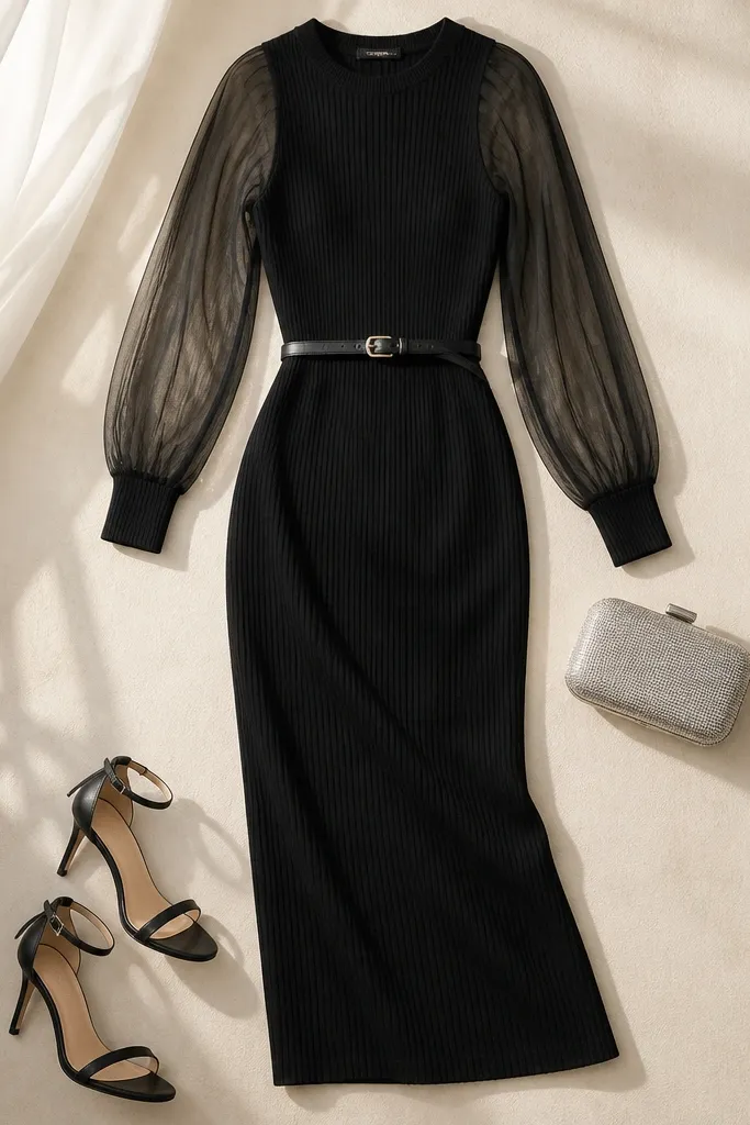 A woman's outfit: a black fitted knit dress with sheer mesh sleeves, a thin belt, and black strappy heels; a small silver clutch sits next to it.