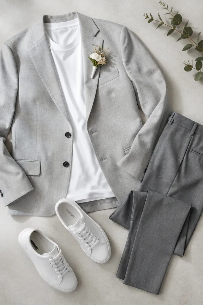 A men's outfit laid out: a light gray blazer, white crewneck tee, tailored gray trousers, and clean white sneakers; a pale boutonniere is pinned to the lapel.