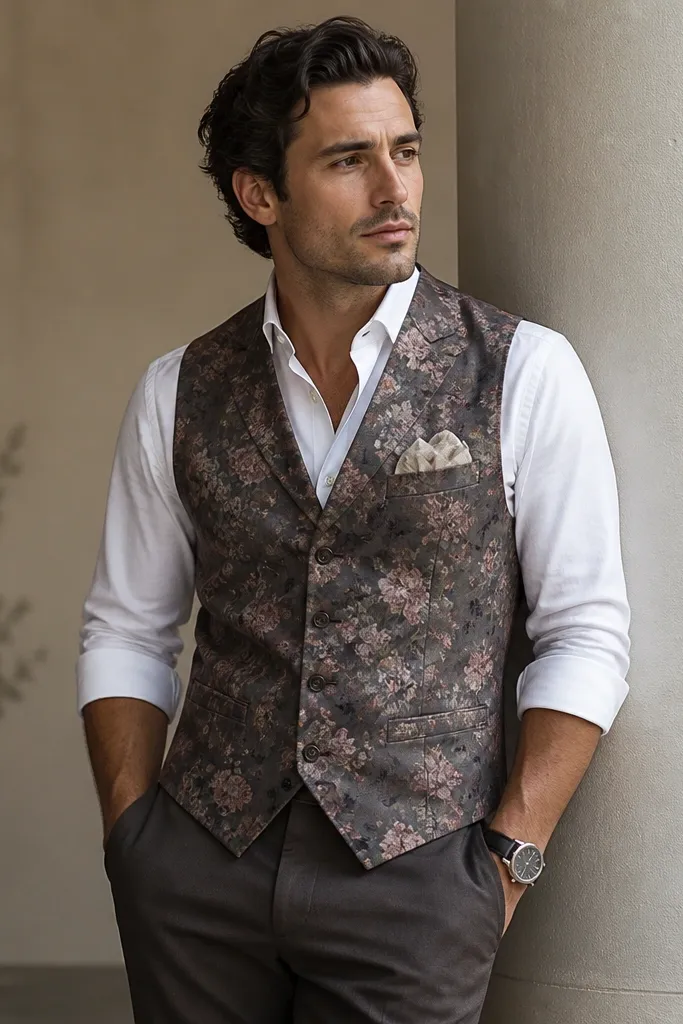 A men's look: a muted floral vest in dusty tones layered over a solid white shirt, paired with matching dark trousers; a small pocket square and a wristwatch complete the outfit.